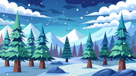 Winter landscape with snow and pine trees. Vector illustration in flat styleのイラスト素材