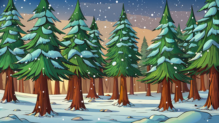 Winter forest landscape with snowfall and christmas trees in background illustrationのイラスト素材