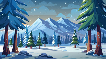 Winter landscape with pine trees and mountains. Vector illustration in cartoon styleのイラスト素材