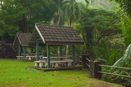 Two pavilions in the park have white tables and chairs, a metal fence in the background amid green trees.の写真素材