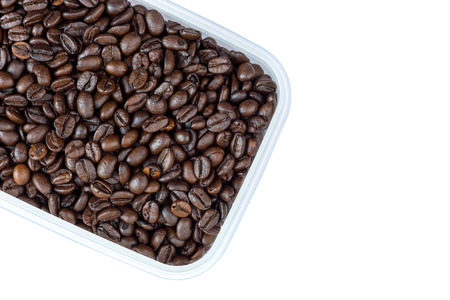 Coffee Beans in box isolated on white backgroundの写真素材