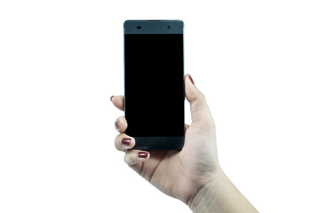 Businessman woman hand holding smart phone on white backgroundの写真素材