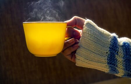 Woman hands holding yellow cup of coffee hot or tea hot, With a winter