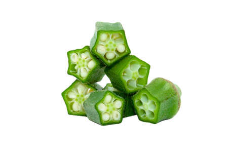 Green fresh sliced okra isolated on white background. File containsの写真素材