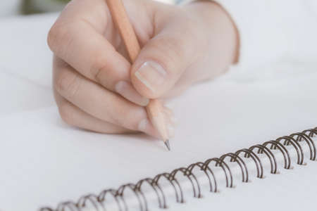 Woman hand with pencil writing on white notebook. with copy space.