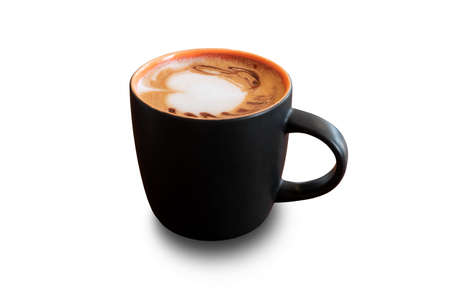 Black mug of mocha coffee isolated on white background.の写真素材