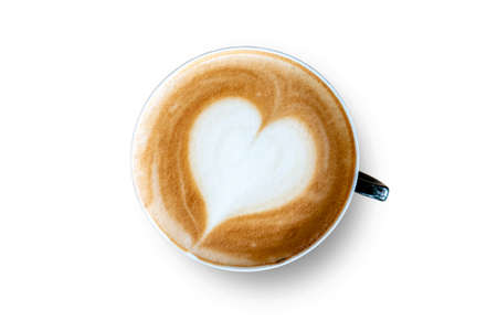 Top view. White mug of latte coffee isolated on white backgroundの写真素材