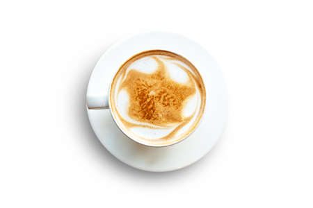 Top view. White mug of latte coffee isolated on white background.の写真素材