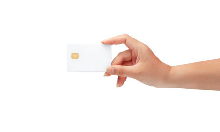 woman Hand holding blank credit chip card isolated on white background with clipping path, for business and finance, or payment concept.の写真素材