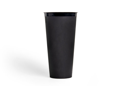 Black empty plastic cup isolated on white background, Black Plastic mug, File with clipping pathの写真素材