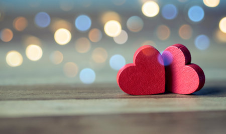 Two Wooden Red Hearts On Rustic Wood Table With Light Bokeh, The Concept of Love and Couple. Valentine's Day Conceptの写真素材