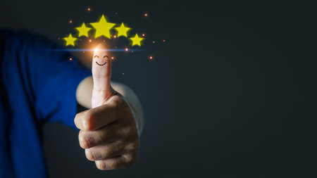 Customer service satisfaction concept, Hand with thumb up Positive emotion five star icon for feedback review satisfaction service Satisfied, Customer evaluation product and service qualityの写真素材
