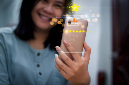 Customer review satisfaction feedback survey concept, Service experience rating online applications, Customer evaluation product and service quality, satisfaction feedback review, Best qualityの写真素材
