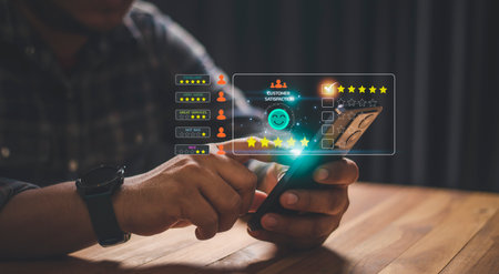 Customer review satisfaction feedback survey concept, Service experience rating online applications, Customer evaluation product and service quality, satisfaction feedback review, Best quality Productの写真素材