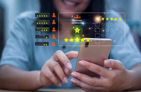 Customer review satisfaction feedback survey concept, Service experience rating online applications, Customer evaluation product and service quality, satisfaction feedback review, Best quality.の写真素材