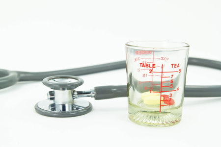 medical item and pill on white backgroundの写真素材