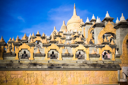 sandstone castle and blue sky in thailandの写真素材