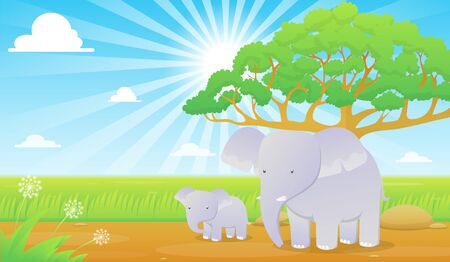 Elephants in grassland cartoon  wallpaperのイラスト素材