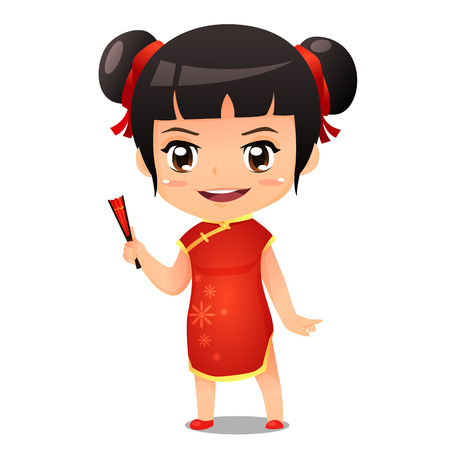 Chines girl in red traditional uniform vector cartoonのイラスト素材