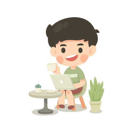 Cute man character cartoon work from home, illustration isolated vectorのイラスト素材