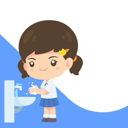 Cute girl in student uniform washing hand, Kawaii cartoon mascot character for world washing hand day concept vector illustrationのイラスト素材