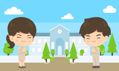 cute cartoon government employee, kawaii man and woman mascot character in respecting action on office background use for illustrationのイラスト素材