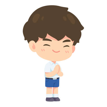 Boy student in pay respect post, Kawaii Cartoon mascot character vector illustrationのイラスト素材