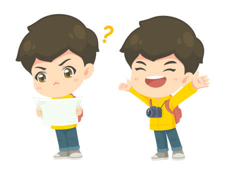 Collection of cute tourism boy in many pose, kawaii cartoon mascot character for vector illustrationのイラスト素材