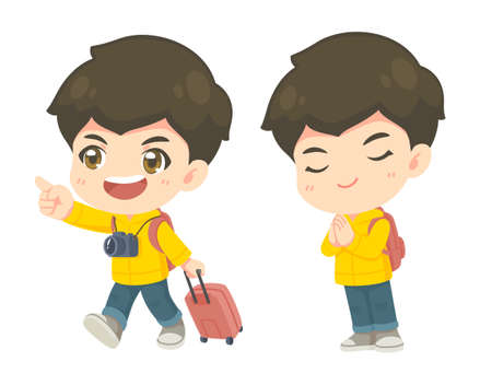 Collection of cute tourism boy in many pose, kawaii cartoon mascot character for vector illustrationのイラスト素材