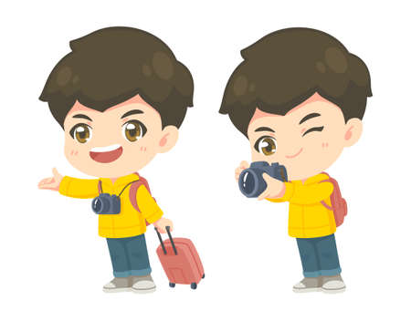 Collection of cute tourism boy in many pose, kawaii cartoon mascot character for vector illustrationのイラスト素材