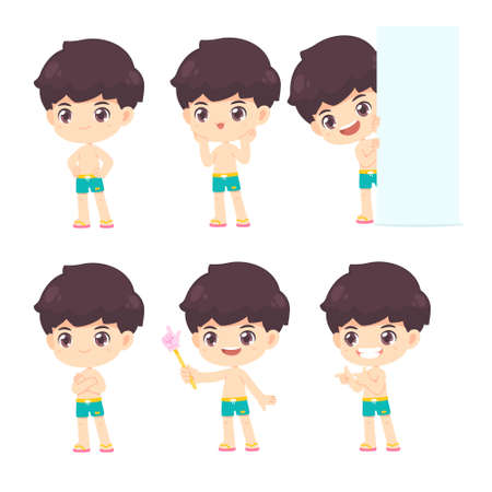 Collection of cute boy in summer concept, Kawaii mascot cartoon character vector illustrationのイラスト素材