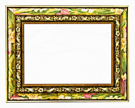 A bright picture frame with carved and painted flowers around the border.
