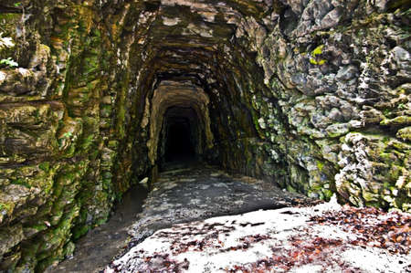 An old tunnel carved out of a rock mountain left abandoned.
