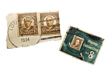 Three stamps from a collection.  One from the 1934 era and one commemorating stamp collectors.の写真素材