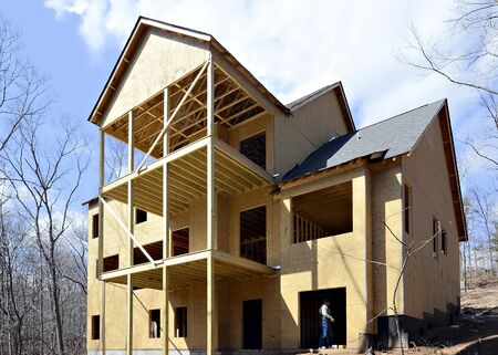 The back of a new modern home showing the three levels of decking.の写真素材