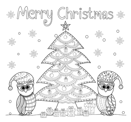 Coloring book page of owl and christmas tree for adult and old children. vector illustration. Hand drawn. style.のイラスト素材