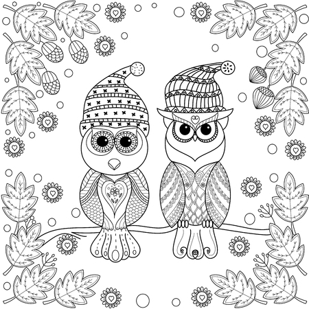 Owl couple winter season coloring book  for adult doodle stlye.vector illustration.handdrawn.のイラスト素材