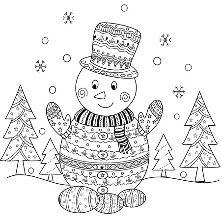 Coloring book page of christmas snowman for adult. doodle style.Hand drawn. Vector illustration.のイラスト素材