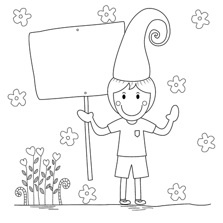 Cute boy holding empty banner coloring book for adult and kid. vector illustration. doodle style. hand drawn.のイラスト素材