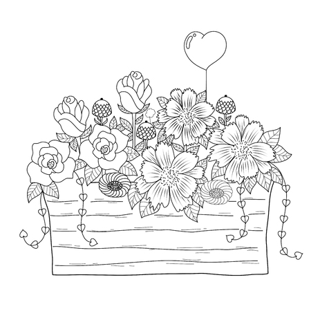 Coloring book page of flower basket for adult.Valentine's day. Vector illustration. Hand drawn. doodle style.のイラスト素材