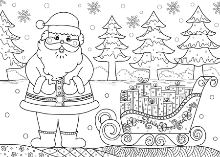 Santa claus with gift in coloring book for adult and kid. doodle style. vector illustration. handdrawn.のイラスト素材