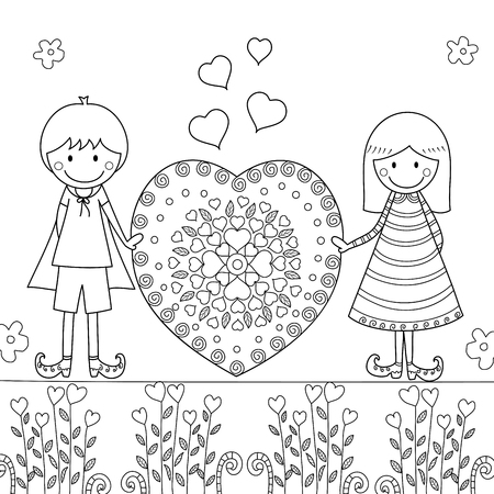 Boy and girl with love in valentine's day coloring  book for adult and kids. Vector illustration. Hand drawn. doodle style.のイラスト素材