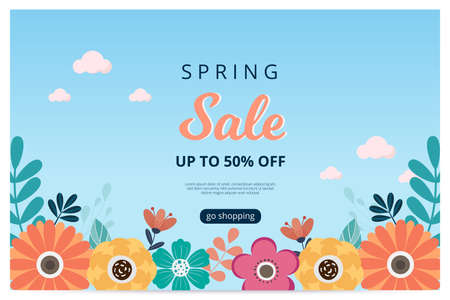 Hello spring sale banner with blossom bloom. Sale banner. Vector illustration. Hand drawn.のイラスト素材