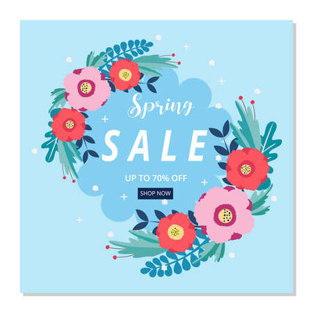Spring sale banner with blossom flowers. Spring sale poster. Vector design promotion.のイラスト素材
