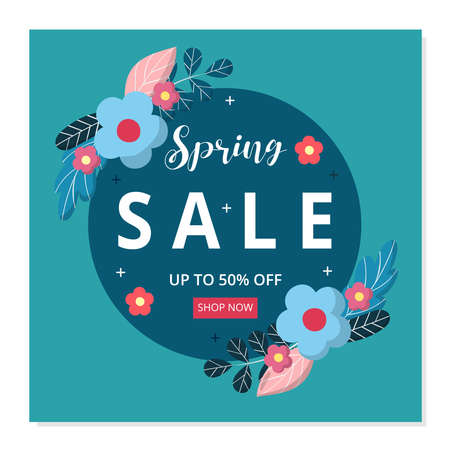 Spring sale banner and social media post template. Vector flat design with flowers.のイラスト素材