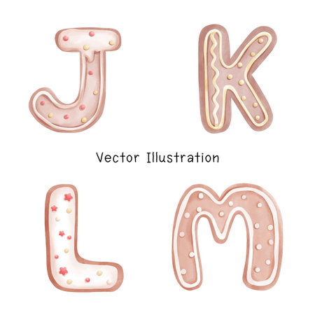 Christmas-themed cookie alphabet art with watercolor designs ideal for holiday baking illustrations or creative winter decor.のイラスト素材