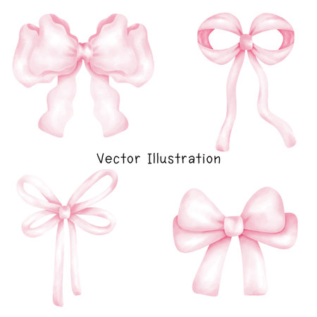 Set Cute Coquette Ribbon Double Bow in Preppy Aesthetic Vintage Watercolor Illustrationのイラスト素材