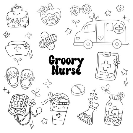 Groovy Valentine's Day Nurse Life Clipart - Retro nurse illustrations, groovy heart designs, and fun valentine graphics for healthcare professionals.のイラスト素材