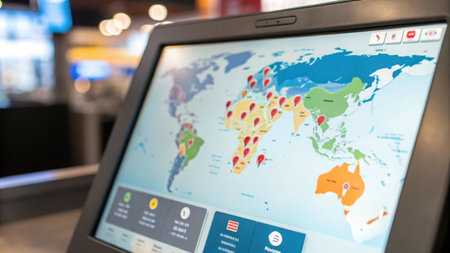 Future of work trends Interactive touchscreen displaying a world map with various highlighted locations.の素材
