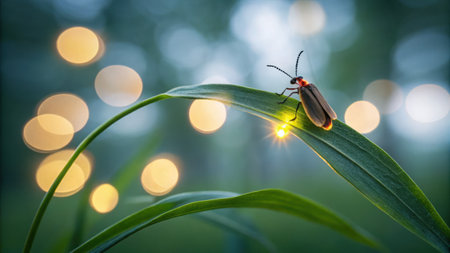 A glowing firefly rests on a leaf, surrounded by soft bokeh lights, creating a magical and tranquil atmosphere in nature.の素材
